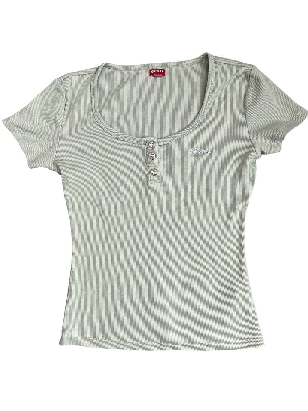 Guess Light Sage Ribbed Short Sleeve Tee With Rhinestone Button Placket Medium